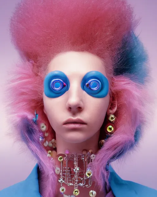 Image similar to natural light, soft focus portrait of a cyberpunk anthropomorphic anemone with soft synthetic pink skin, blue bioluminescent plastics, smooth shiny metal, elaborate ornate jewellery, piercings, skin textures, by annie leibovitz, paul lehr