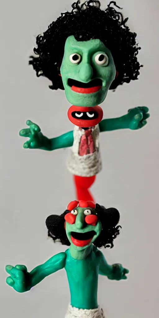 Image similar to claymation character, man with black curly hair and a smile