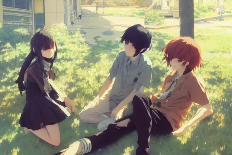 Image similar to boy's love anime high school scene spring noon setting, high detail concept art, perfect proportions fine - face, realistic shaded lighting poster ilya kuvshinov, katsuhiro, jeremy lipkin and michael germash, makoto shinkai, loish and clamp style, trending on art station, best selling artist