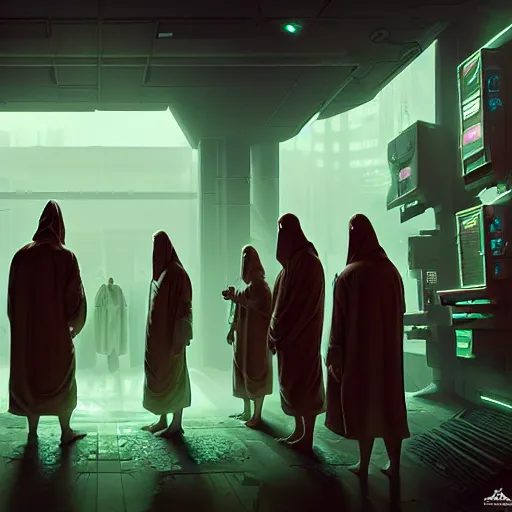 Image similar to Cultists in robes in a cyberpunk control room, ultra realistic, concept art, intricate details, eerie, highly detailed, photorealistic, octane render, 8k, unreal engine, art by Andrew Andreev