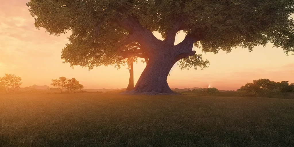 Prompt: gigantic oak tree. sunset landscape. hd. photorealistic. 8 k. octane render.