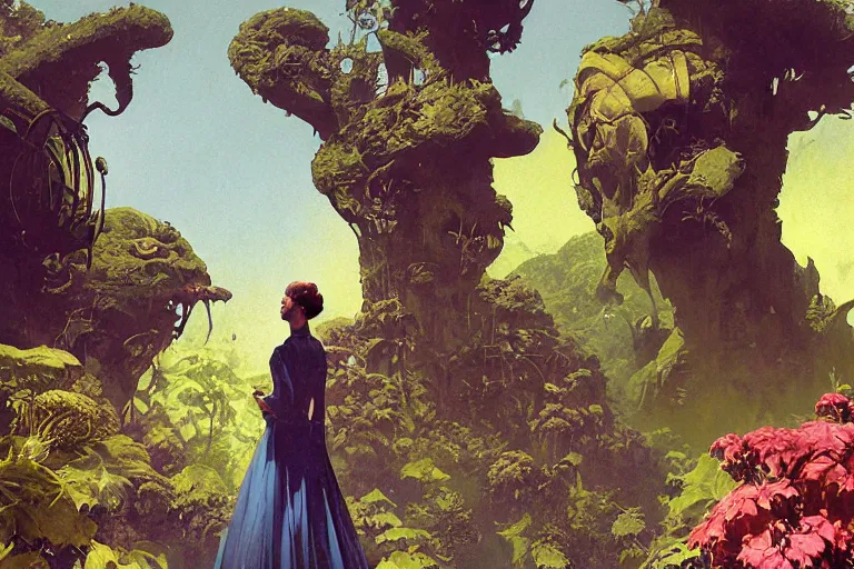 Image similar to pulp scifi illustration, elegant woman meets lizard alien in beautiful garden, flowers, baobab trees, distant town in valley and hills, spacehip lands, by norman rockwell, jack kirby, john berkey, bergey, craig mullins, ruan jia, raymond swanland, jeremy mann, beksinski, tom lovell, alex malveda, schomburg