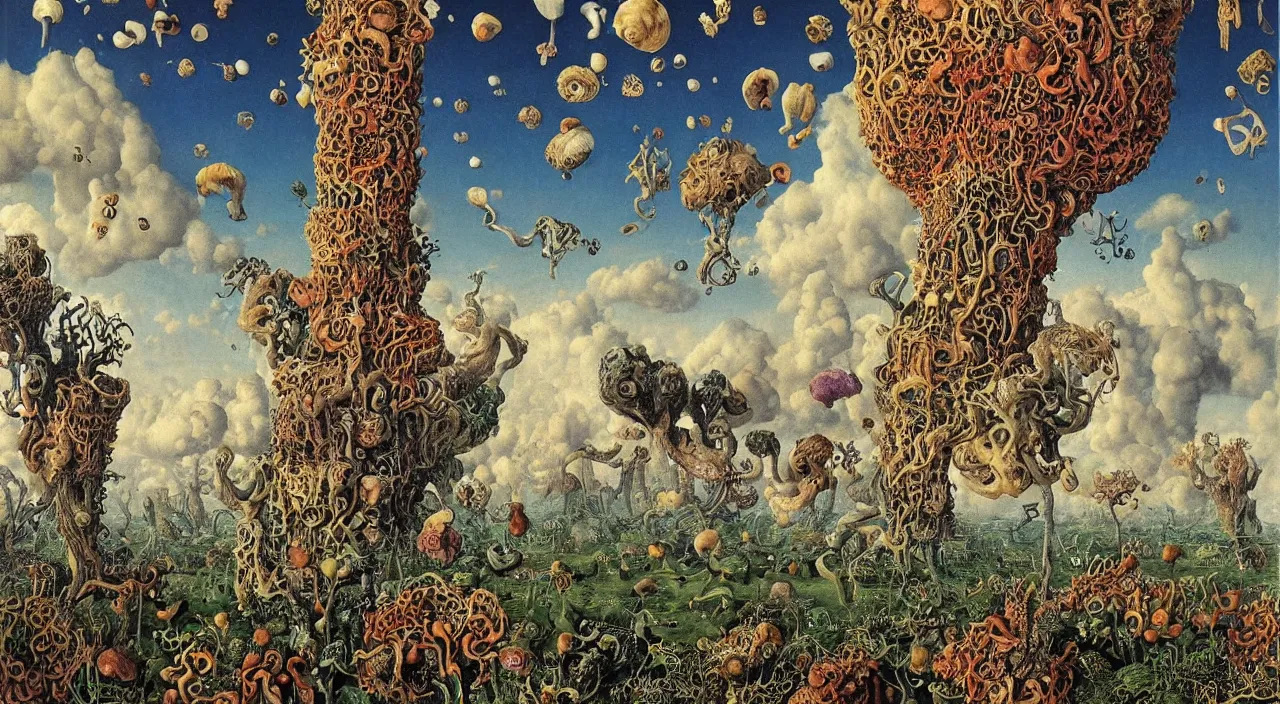 Image similar to a single colorful! ( lovecraftian ) fungus tower white! clear empty sky, a high contrast!! ultradetailed photorealistic painting by jan van eyck, audubon, rene magritte, agnes pelton, max ernst, walton ford, andreas achenbach, ernst haeckel, hard lighting, masterpiece