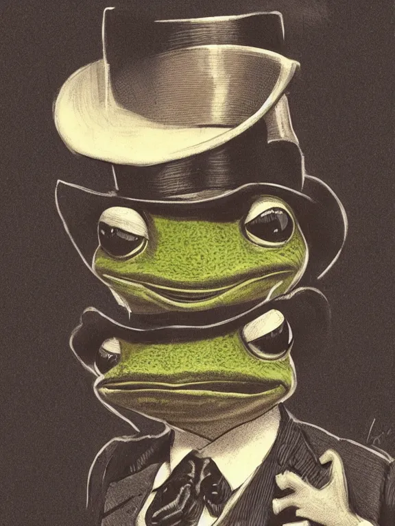 Image similar to pepe the frog at the royal ascot, wearing morning suit and top hat, excited watching the horse races, illustration by Joseph Christian Leyendecker