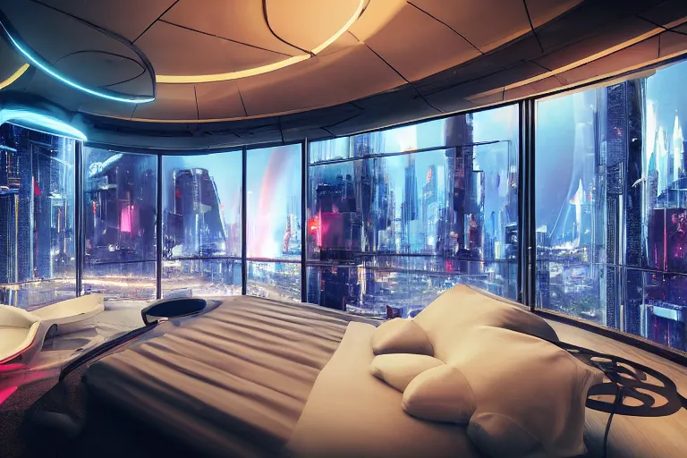 Image similar to a futuristic bedroom with large curved ceiling high windows looking out to a far future cyberpunk cityscape, cyberpunk neon lights, raining heavily with electric storm, scifi