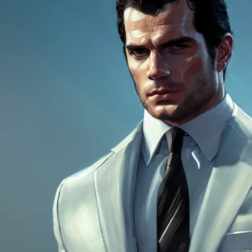 Prompt: Henry Cavill wearing a suit as a grand theft auto 5 loading screen, athletic , gorgeous, muscular, intricate, highly detailed, digital painting, artstation, concept art, sharp focus, illustration, art by greg rutkowski and alphonse mucha