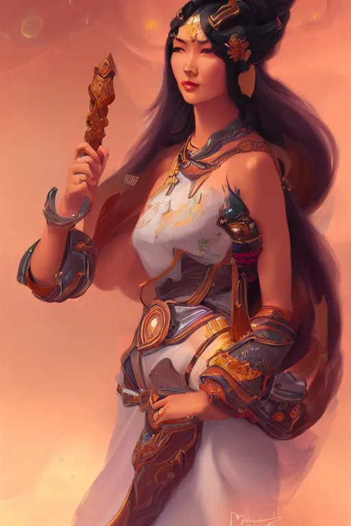 Prompt: Beautiful portrait of a Asian goddess, full body, character concept design, by Peter Mohrbacher, overwatch, weapon, detailed, style, 8k, trending