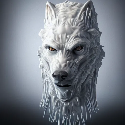 Image similar to a delicate marble sculpture dramatic portrait of a werewolf covered with water veil, highly detailed marble cloth, gi, global illumination, physically based rendering, photorealistic, top light, dark background