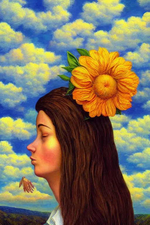 Prompt: closeup, giant flower head, woman in suit, clouds in sky, surreal, impressionist painting, digital painting, artstation, rob gonsalves