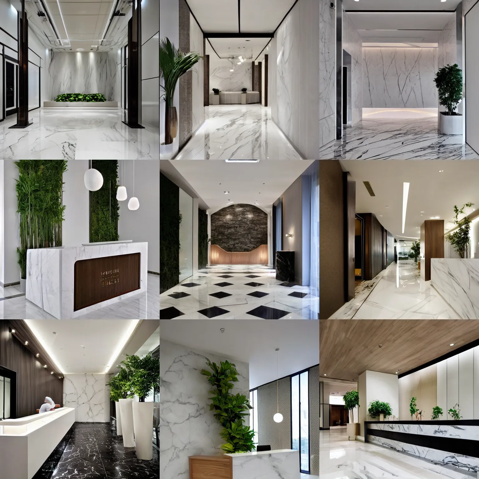 Prompt: contemporary hotel reception, white marble floor, wood, greenery, Pinterest top, achdaily