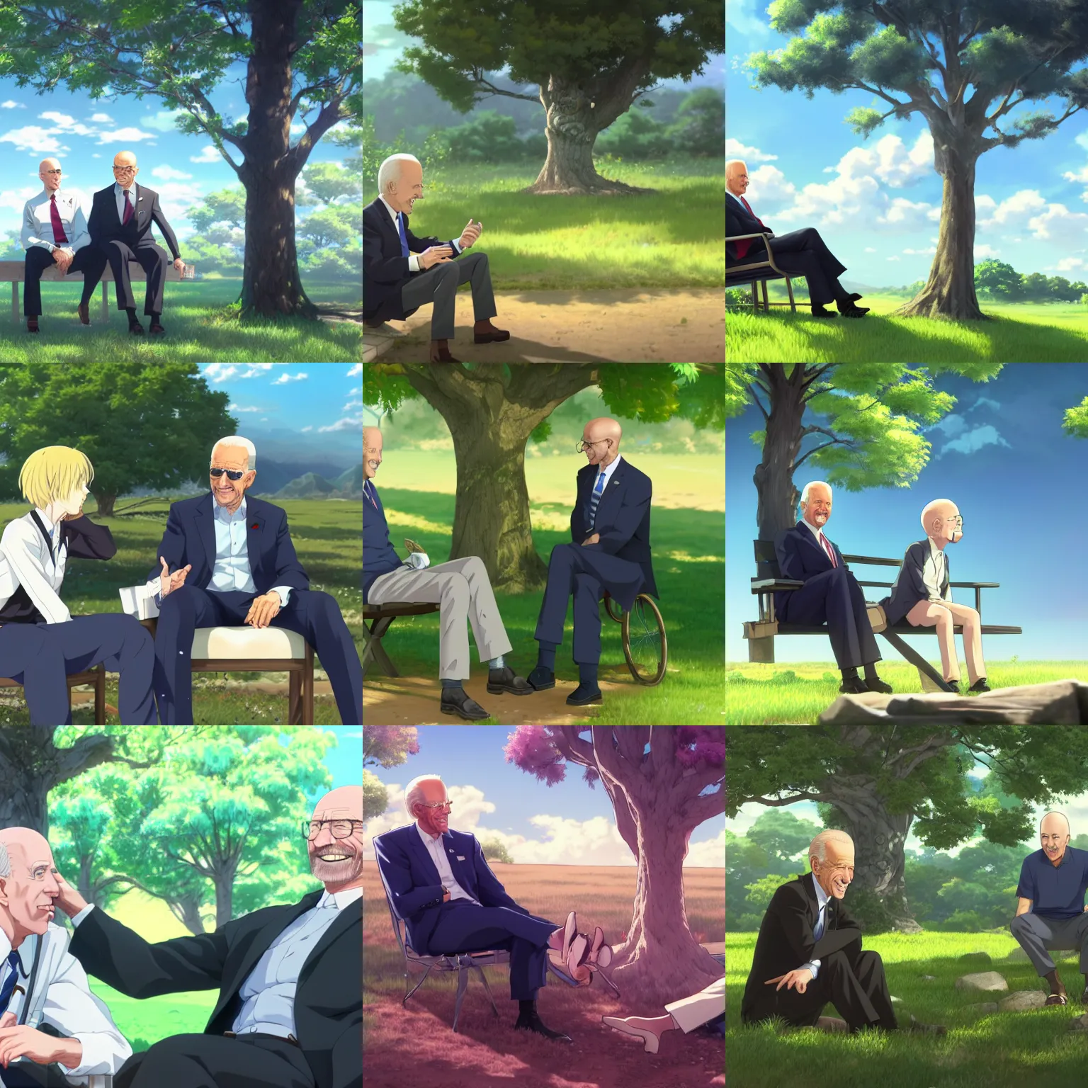 Prompt: photorealistic Joe Biden meets a beautiful smiling bald Walter White sitting under a tree, anime key visual, digital art, anime screenshot, kyoto animation, makoto shinkai, trending on artstation