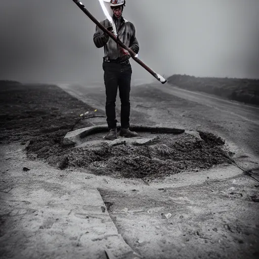 Image similar to cinematic shot of a man wearing a crown jewel at a construction site and a leader of the team he is holding a spear. cinematic photograph, atmospheric, foggy, majestic, epic