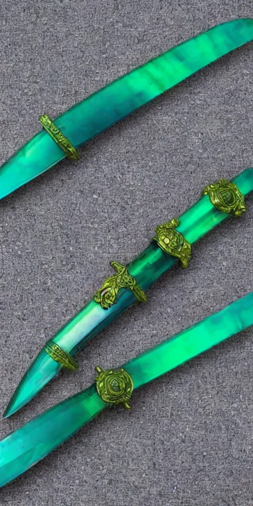 Image similar to photograph of a wide green and teal crystal sword blade attached to a big gold sword hilt