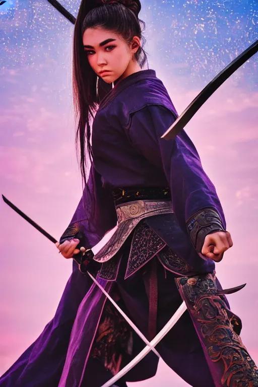 Image similar to highly detailed beautiful photo of madison beer as a young female samurai, practising sword stances, symmetrical face, beautiful eyes, pink hair, realistic anime art style, 8 k, award winning photo, pastels colours, action photography, 1 / 1 2 5 shutter speed, sunrise lighting