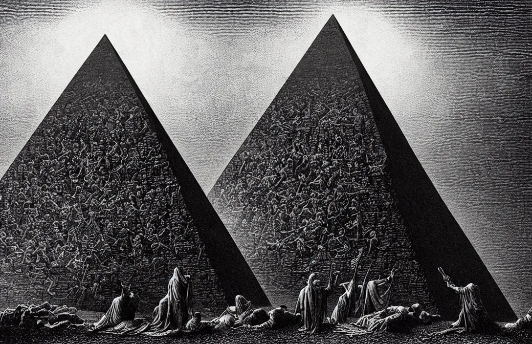 Image similar to the pyramid of figures is drawn together intact flawless ambrotype from 4 k criterion collection remastered cinematography gory horror film, ominous lighting, evil theme wow photo realistic postprocessing gustave dore hd illustration work of art directed by kurosawa by ghibli jan van der heyden