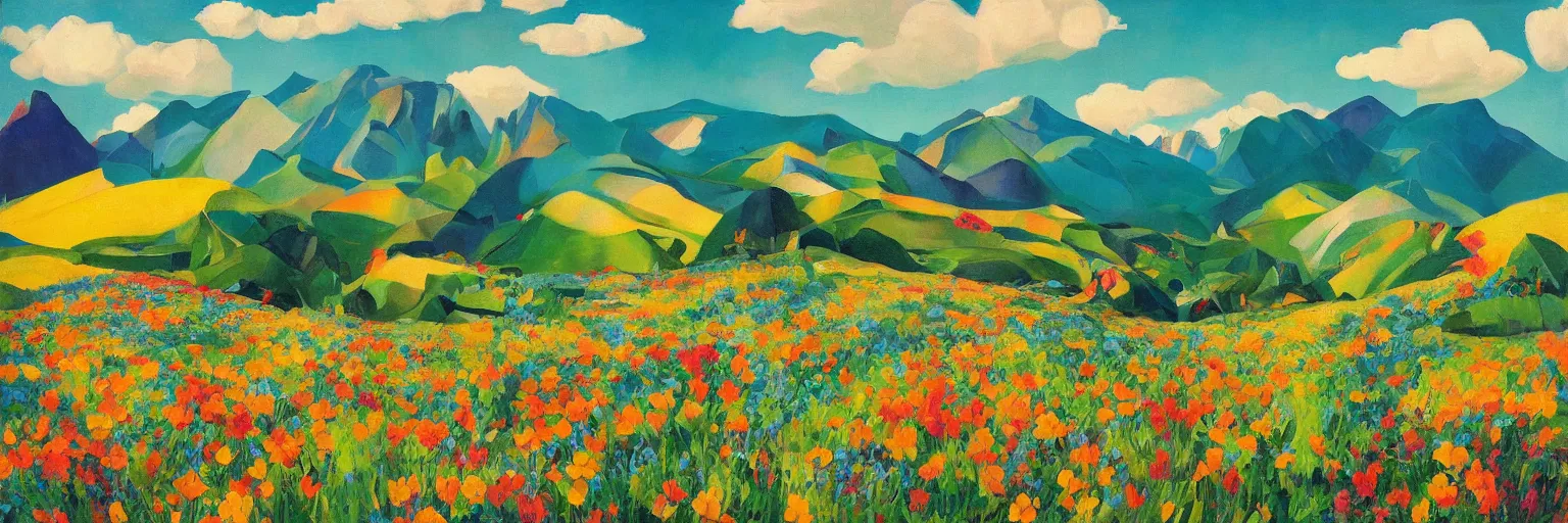 Image similar to mountain landscape in spring!!, flowers, teal landscape, dreamy light, sunny complementary palette, by and jacek yerga and tamara de lempicka and jesse king, pop surrealist, wiccan