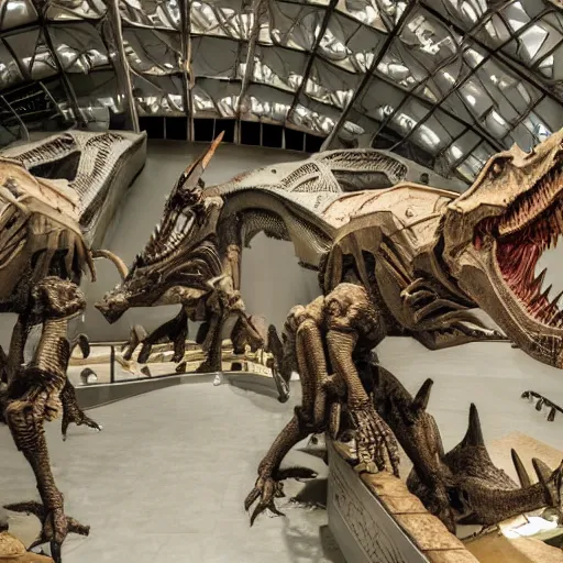 Image similar to The fossilized remains of the Dinobots in a natural history museum