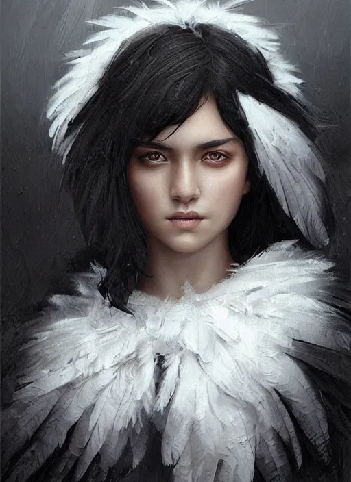 Image similar to a teenage fit girl with very short black hair and a huge cloak made of grey and black feathers. beautiful highly detailed face. beautiful painting by artgerm and greg rutkowski and raymond swanland, detailed portrait, closeup