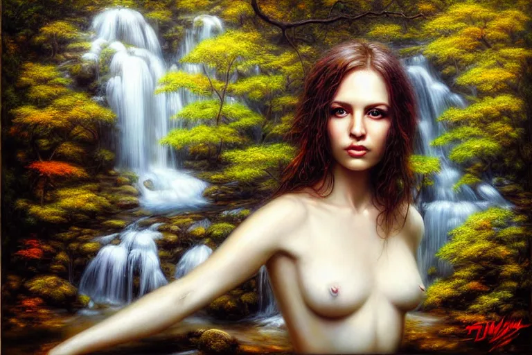 Prompt: portrait of a beautiful pale woman, nature elements, waterfalls, painting, by dimitra milan, by tim okamura, by phil koch.