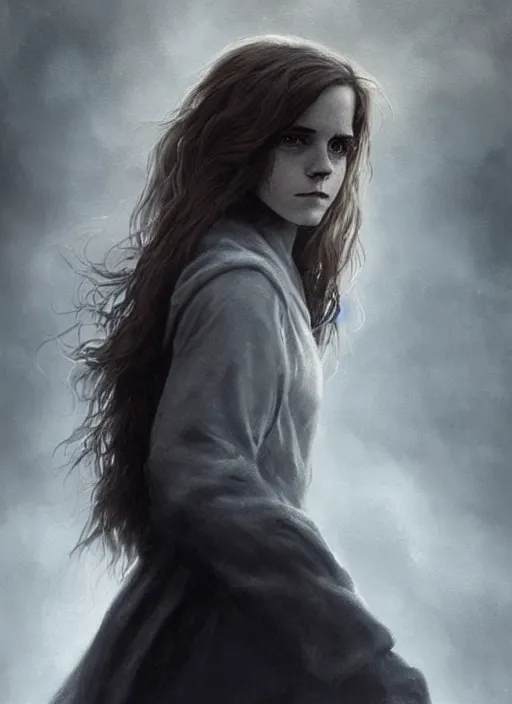 Image similar to emma watson as hermione granger. dark colors. menacing. haunting. frightening. trending on artstation. award winning. artgem. greg rutkowski. beksinski. extremely detailed. 4 k.