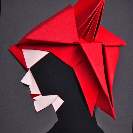 Image similar to origami portrait of a fashion model, black and red