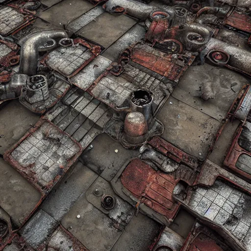 Image similar to top down texture of abandonned factory floor, ancient mecanism, steampunk, substance painter material, artstation, octane render, vray, 4 k