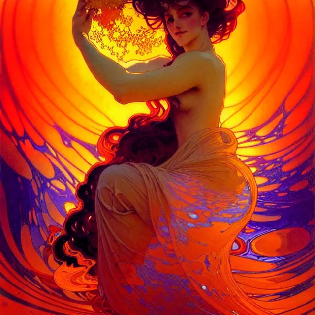 Prompt: mind bending indigo waves of glossy psychedelic liquid honey flowing like kaleidoscopic translucent amber, lsd waves, honey ripples, dramatic professional sunset, refracted lighting, art by collier, albert aublet, krenz cushart, artem demura, alphonse mucha