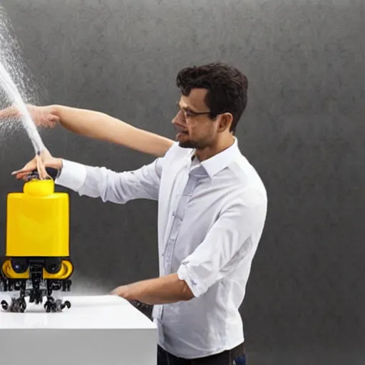 Prompt: man pouring water into the head of a robot