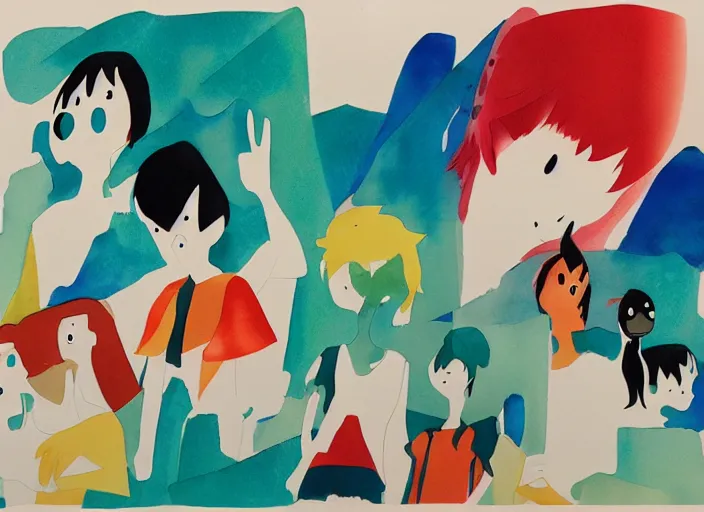 Prompt: studies of the protagonist by masaaki yuasa, pleasing palette watercolor and mixed media shape design