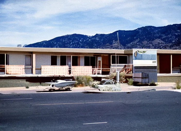 Image similar to a midcentury modern motel in reno nevada in the year 1 9 6 7