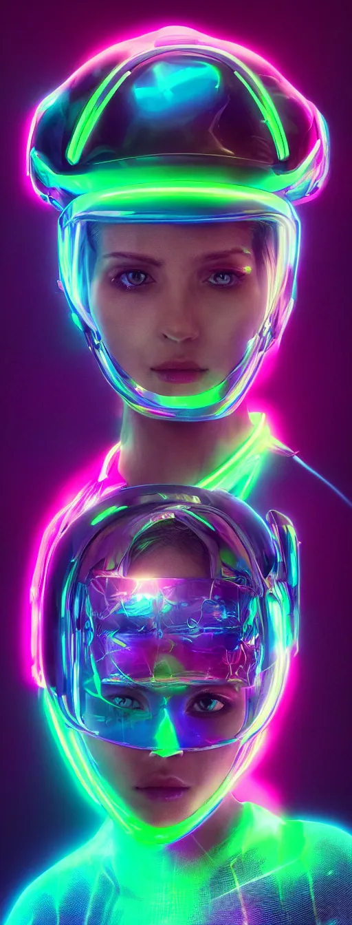 Image similar to a women wearing neon helmet with a visor iridescent, beautiful, technological, unreal, hyper-detailed, mega-detailed, realistic, cinematic, octane render, concept art, dark, cosmic, ominous, symmetric, colorful and dark
