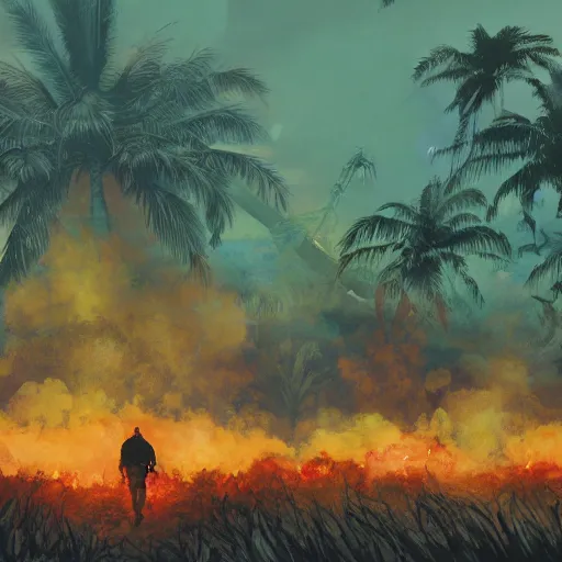 Prompt: handmade illustration of an epic Vietnam war scene with a many soldiers walking, the jungle at the background, Jamaica flag, some smoke and fire, blue sky with dramatic clouds, line art, ink, watercolor by Kilian Eng and by Jake Parker, heavy brushstrokes, winning-award masterpiece, fantastic, octane render, 8K HD Resolution, High quality image