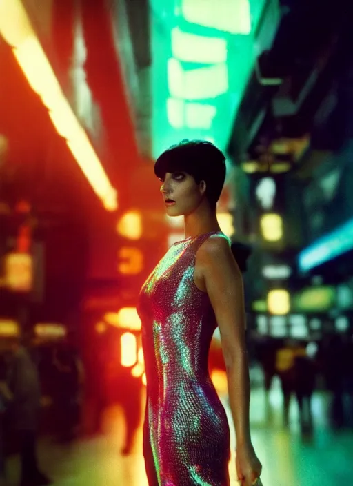 Prompt: A hyper realistic and detailed head portrait photography of a Rachael of Blade Runner wearing a translucent, shimming dress on a futuristic street. by Annie Leibovitz. Neo noir style. Cinematic. neon lights glow in the background. Cinestill 800T film. Lens flare. Helios 44m