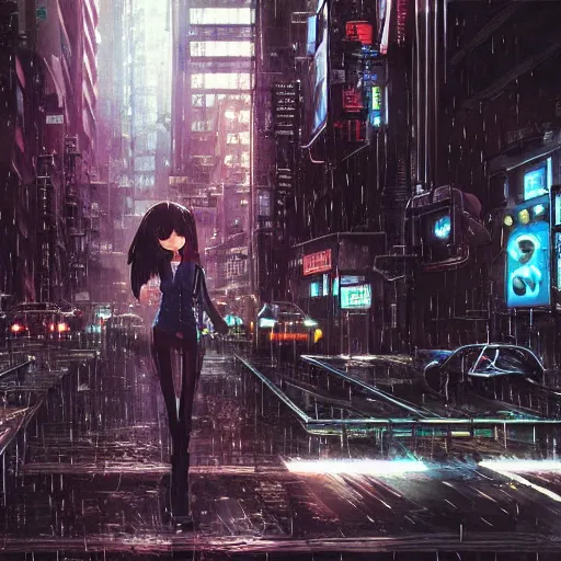 Image similar to mechanical android in overcrowded urban dystopia bustling city raining makoto shinkai