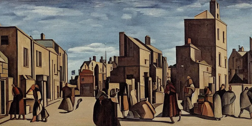 Image similar to a painting of street life in kirkwall, orkney, people,houses, by Giorgio de Chirico