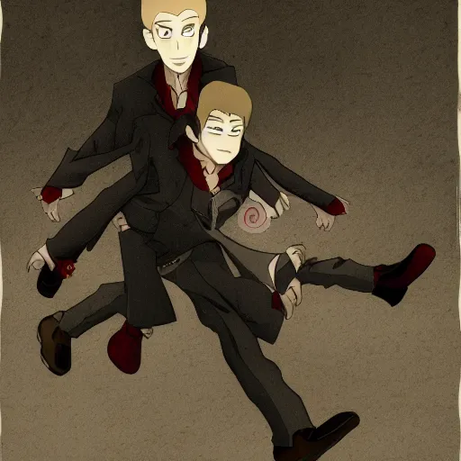 Image similar to two young men, one man human, one man vampire, night, on a birdge anime style