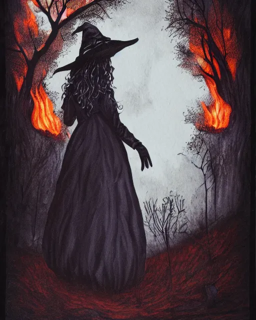 Image similar to a portrait of a sad witch in a burning forest
