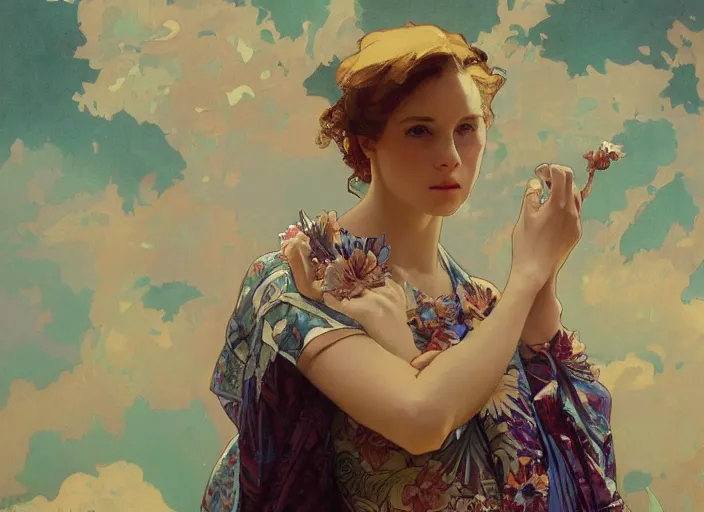 Image similar to Claire Elizabeth Cottrill wearing vintage hawaiian rayon shirt, rule of thirds, accurately portrayed, portrait art by alphonse mucha and greg rutkowski, highly detailed, digital painting, concept art, illustration, ethereal lighting with twilight rays of sunlight, trending on artstation, very detailed, smooth, sharp focus, octane render, close up