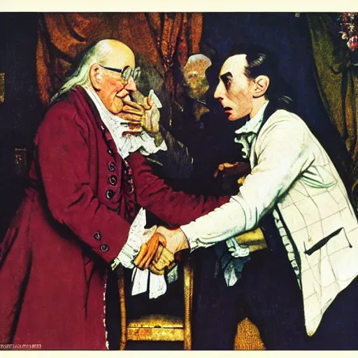 Image similar to norman rockwell painting of 1 7 7 6 ben franklin shaking hands with 3 0 - year - old, virile dracula