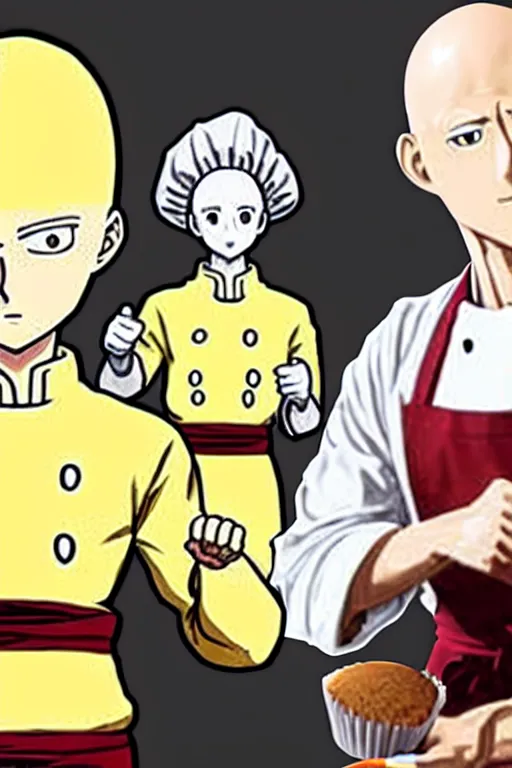 Prompt: chef saitama one punch man, dressed as a pastry chef, making a cake, detailed anime artwork