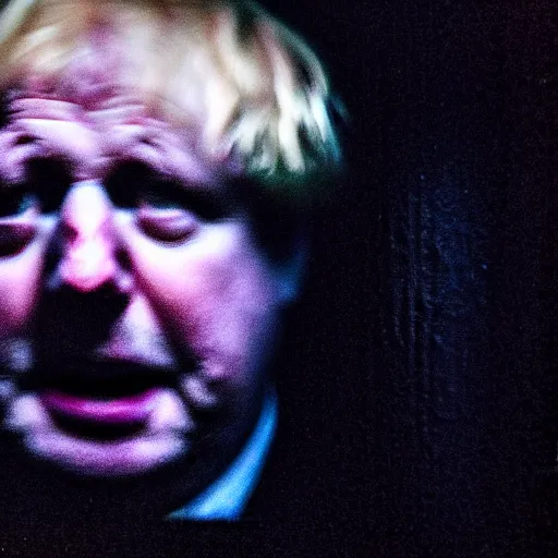 Image similar to dark photo of dark blue rainy bedroom window at night, dimly lit creepy | screaming face of boris johnson staring in through the window, bloody hands, horror, scary face, demonic face,