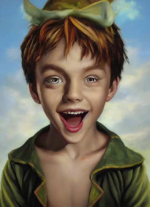 Prompt: lifelike oil painting portrait of peter pan by banksy