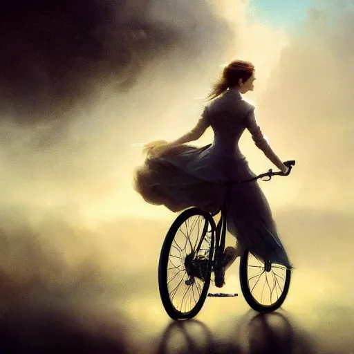 Image similar to cinematic shot epic portrait emma watson riding a bicycle in the streets, atmospheric, cloudy, broad light, ambient occlusion, volumetric light effect, made by ivan aivazovsky, peter mohrbacher, greg rutkowski, ross tran, matte painting, trending on artstation, 4 k, perfectly defined features, digital painting, cinematic, epic, highly detailed,