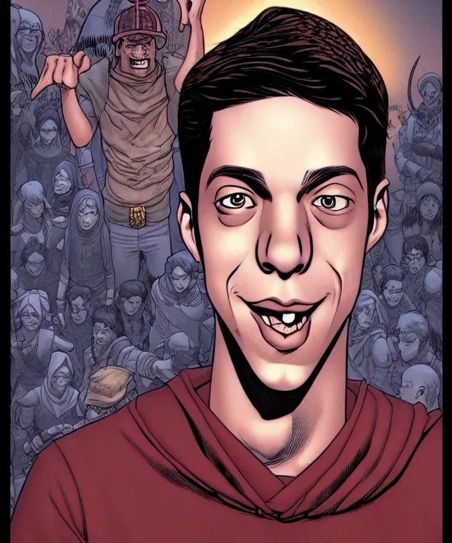 Image similar to a ( fantasy comic ) ( cover art ) portrait of a village idiot who looks like ( pete davidson ), digital illustration by jenny frison and sana takeda and kentaro miura, fine inking lines, vivid colors, dnd, highly detailed!, hd, 4 k, trending on artstation