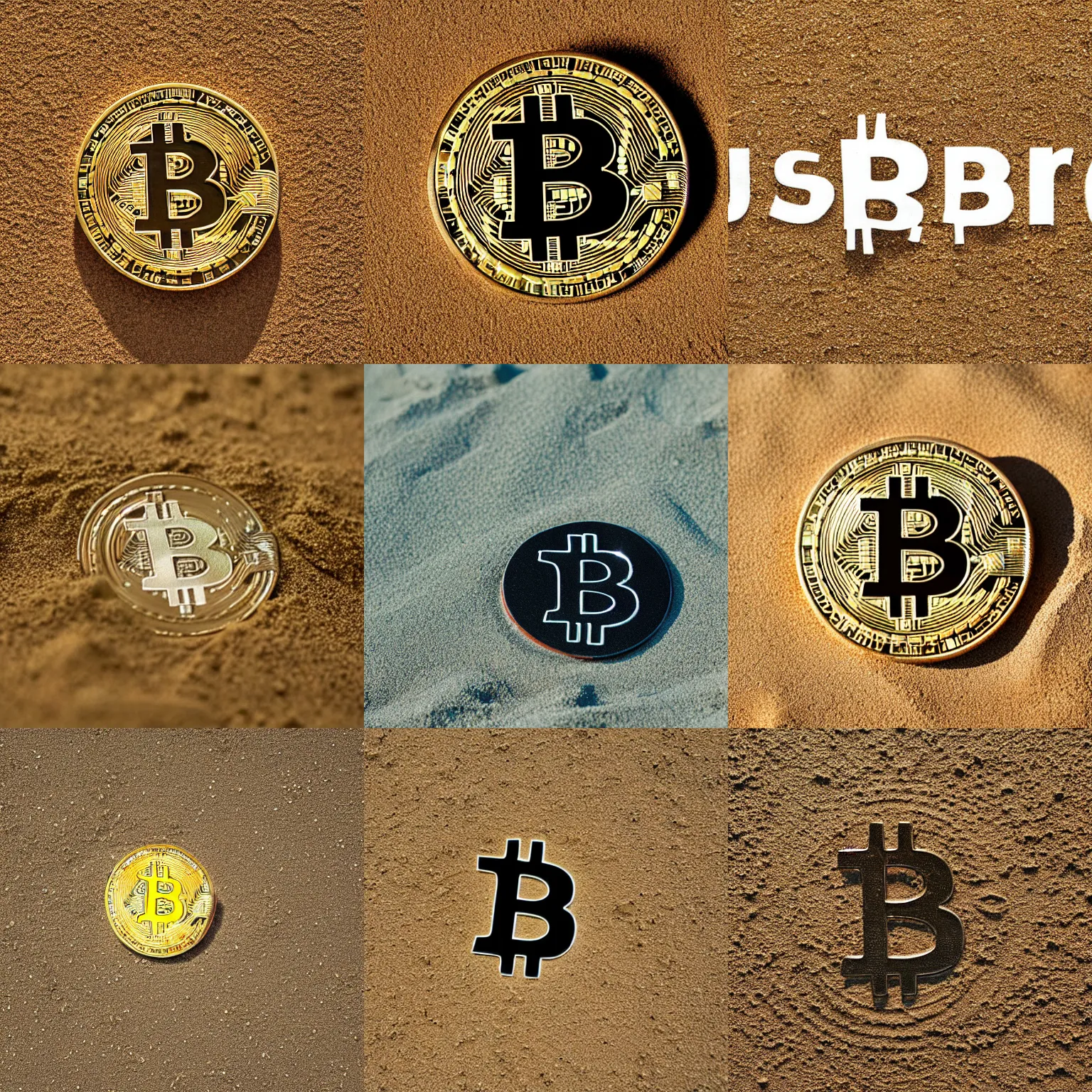 Prompt: bitcoin from sand, real photo, top down view