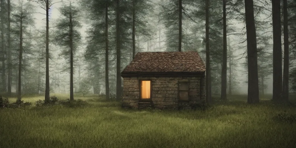 Image similar to lone cottage in the woods and empty woods, 8k, fantasy, hyper realistic, atmospheric, cinematic