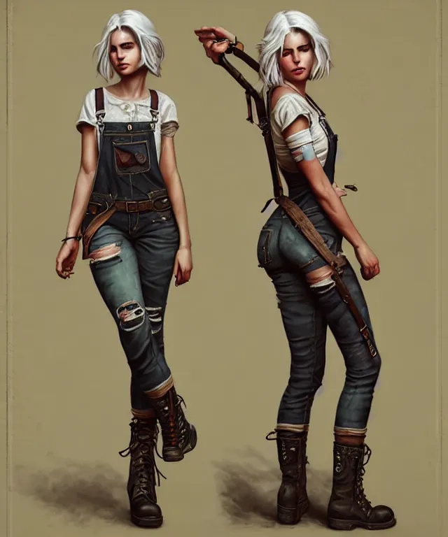 Prompt: full body pose, grungy ciri, overalls, combat boots, beautiful, highly detailed face, true anatomy!, extremely detailed!, digital painting, unreal engine 5, art by tom bagshaw