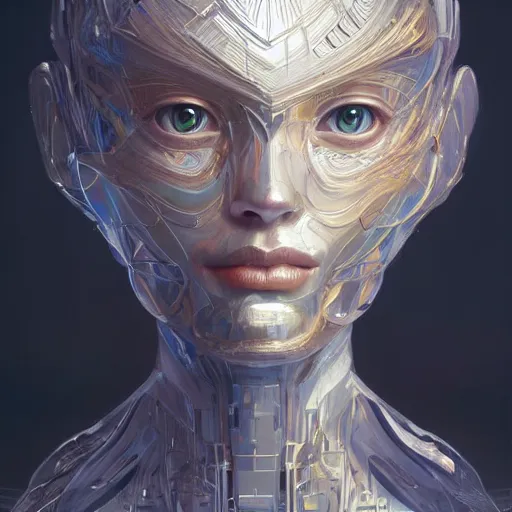 Image similar to a 5 0 mm portrait of anthropomorphic artificial intelligence, intricate, highly detailed, digital painting, artstation, concept art, smooth, sharp focus, illustration, unreal engine 5, 8 k, art by artgerm and greg rutkowski and alphonse mucha