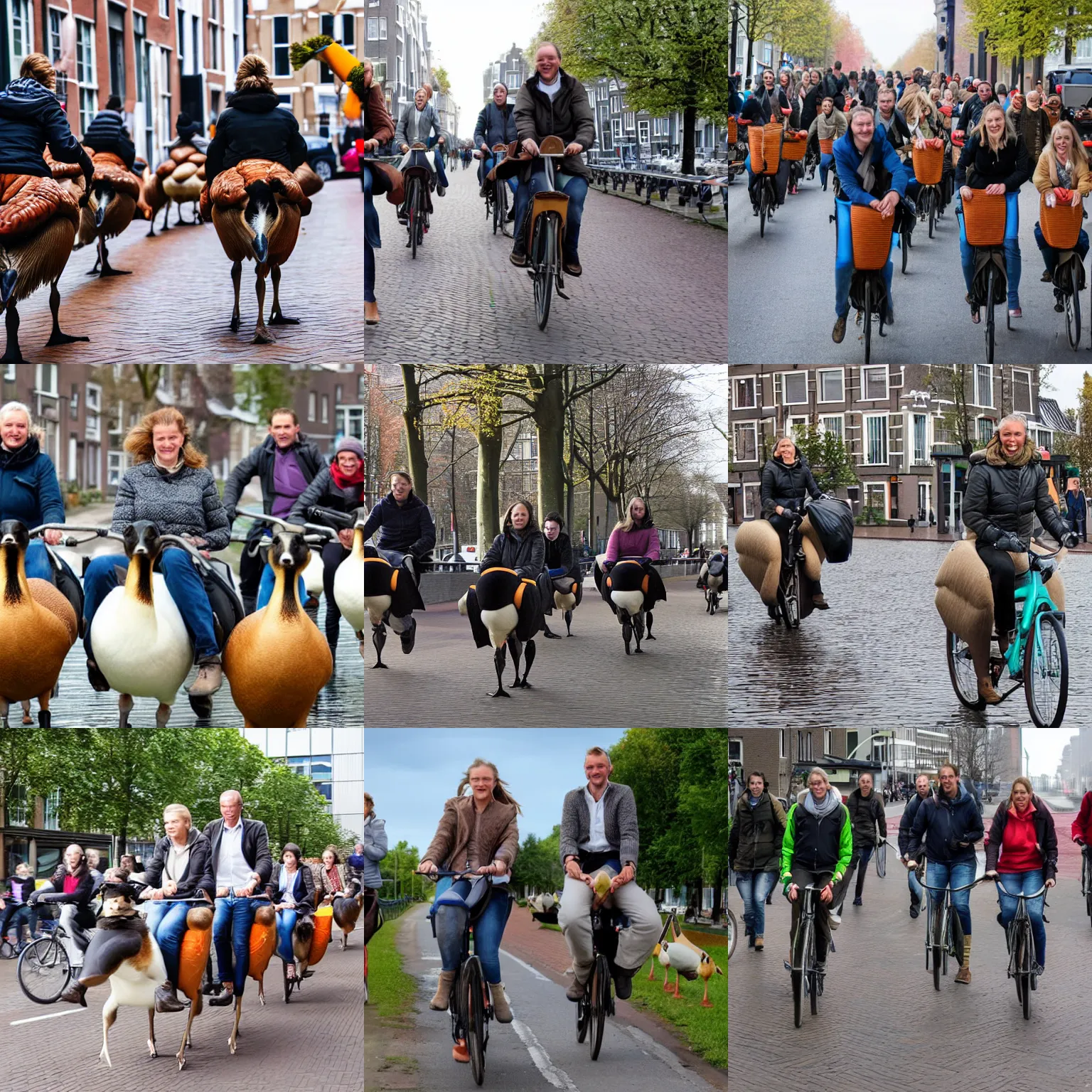 Prompt: Dutch people riding their geese to work