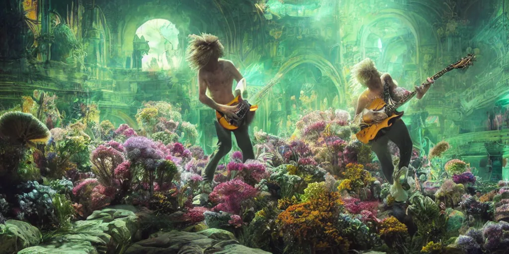 Image similar to digital artwork of anthromorphic sea urchin male, rock band, performing on stage full of beautiful flowers, guitar, advanced stage lighting, audience under stage waving green glow sticks, concept art, 8 k, by greg rutkowski, gaston bussiere, 3 d vray render, craig mullins, high detail, cinematic, ue 4, unreal engine